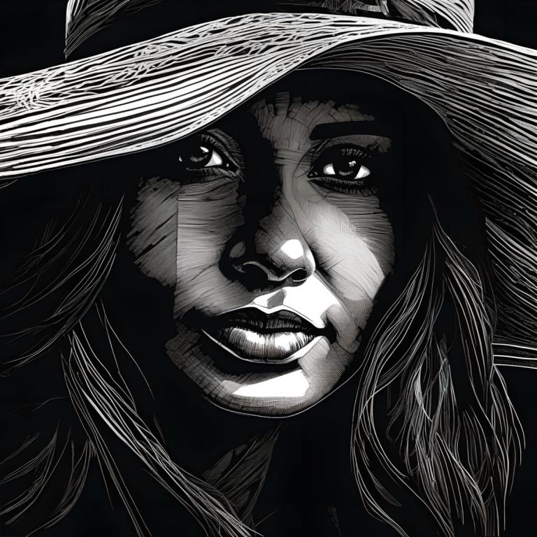 Scratchboard Art,Scratchboard Art, Mennesker, kvinde, monokrom, hat, solo, gråtoner, 1 pige, portræt