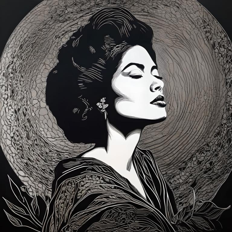 Scratchboard Art,Scratchboard Art, Mennesker, kvinde, 1 pige, monokrom, solo, gråtoner, japansk tøj, kimono