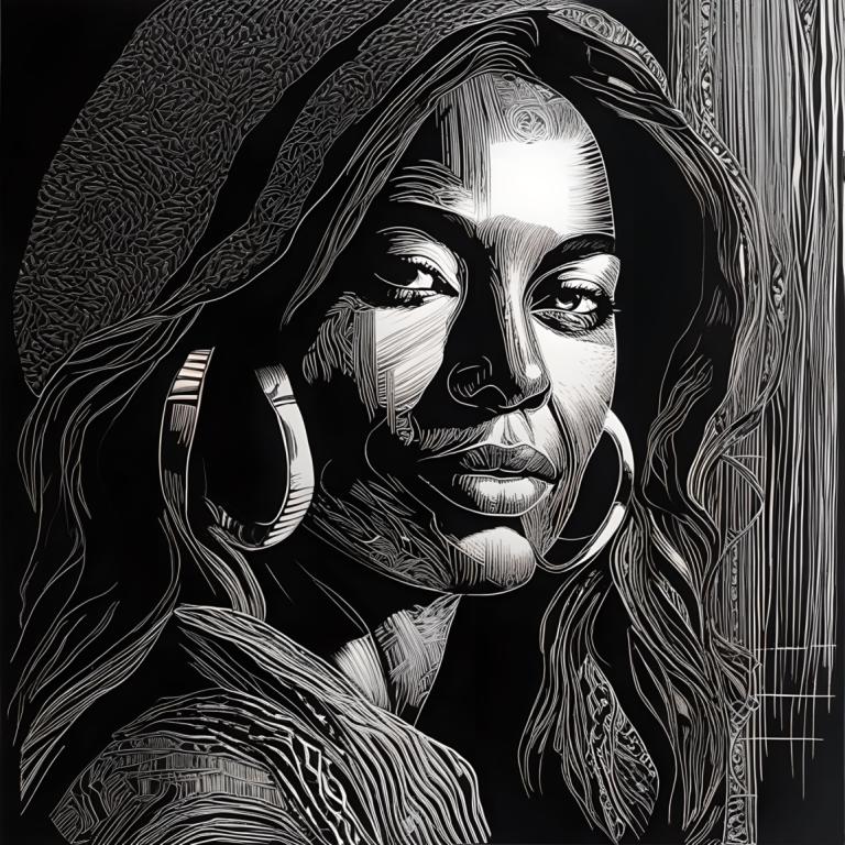 Scratchboard Art,Scratchboard Art, Mennesker, kvinde, monokrom, gråtoner, solo, langt hår, ser på seeren