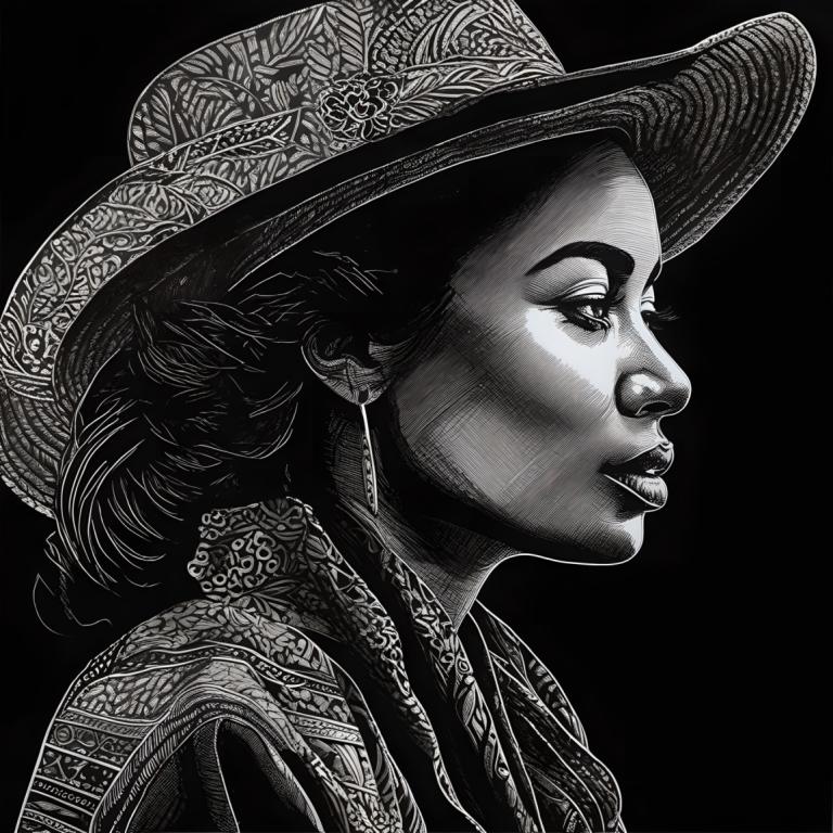 Scratchboard Art,Scratchboard Art, People, woman, 1girl, monochrome, solo, greyscale, hat, profile