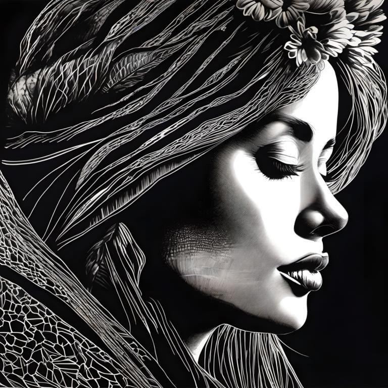 Scratchboard art,Scratchboard art, Persone, donna, 1 ragazza, monocromo, assolo, scala di grigi, denti