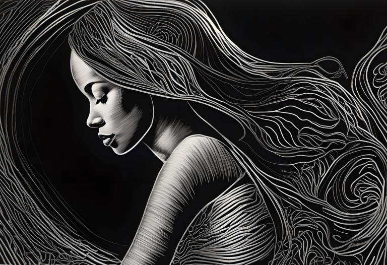 Scratchboard Art,Scratchboard Art, Ludzie, kobieta, 1 dziewczyna, solo, długie włosy, monochromia