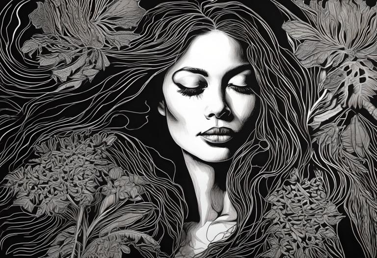 Scratchboard Art,Scratchboard Art, People, woman, 1girl, monochrome, solo, greyscale, long hair, flower