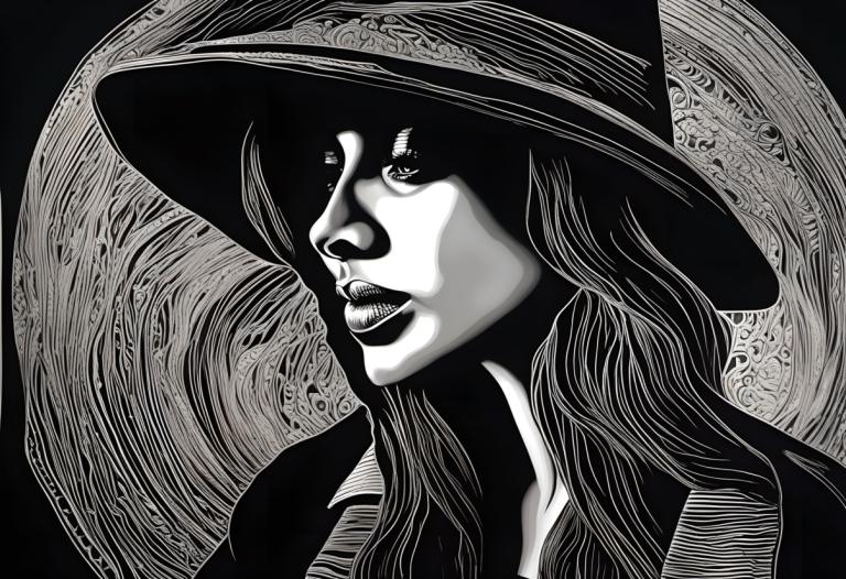 Scratchboard Art,Scratchboard Art, Mennesker, kvinde, monokrom, solo, gråtoner, hat, 1 pige, langt hår