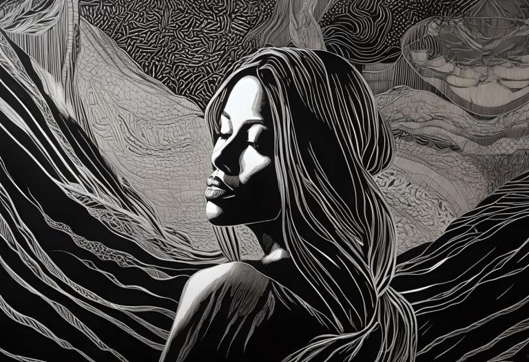 Scratchboard art,Scratchboard art, Persone, donna, monocromo, capelli lunghi, scala di grigi, assolo