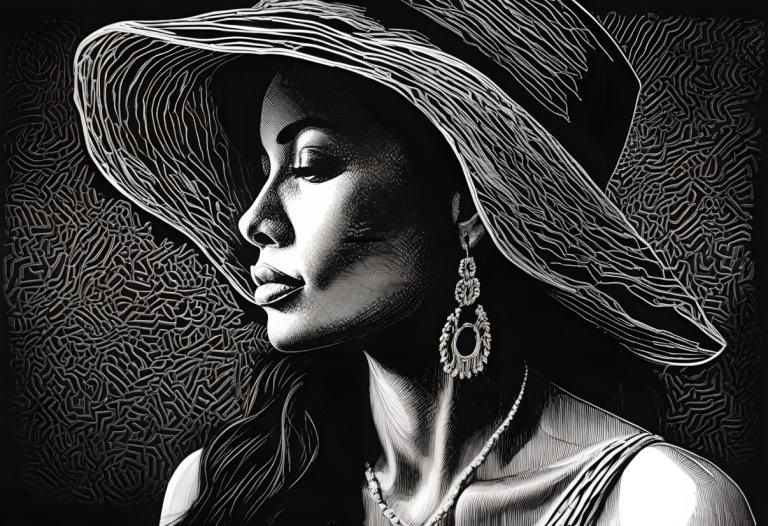 Scratchboard Art,Scratchboard Art, People, woman, monochrome, 1girl, greyscale, hat, solo, jewelry, earrings