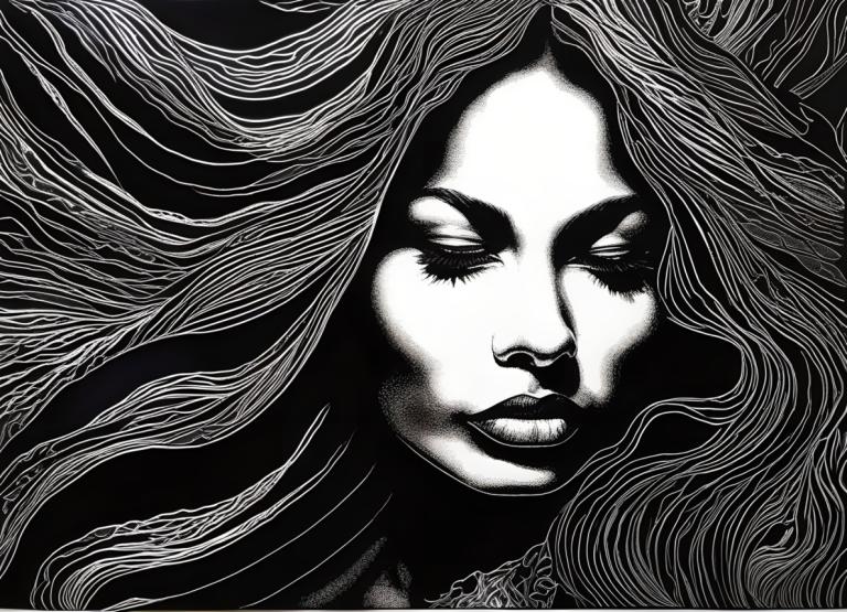 Scratchboard art,Scratchboard art, Persone, donna, monocromo, assolo, 1 ragazza, scala di grigi