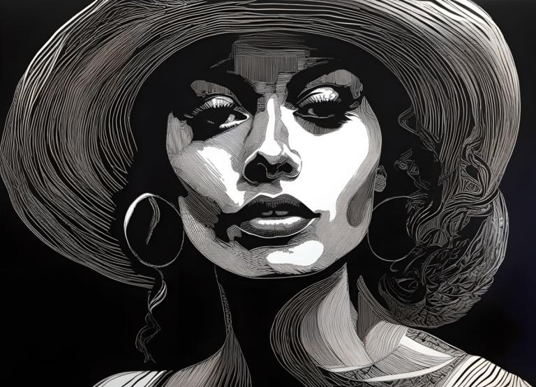 Scratchboard Art,Scratchboard Art, People, woman, monochrome, solo, 1girl, greyscale, hat, jewelry, earrings