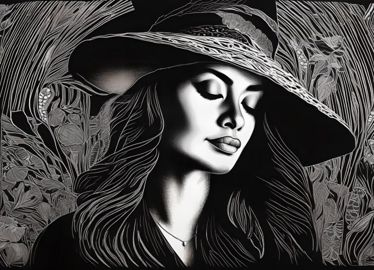 Scratchboard Art,Scratchboard Art, Mennesker, kvinne, monokrom, solo, gråtoner, hatt, 1 jente, langt hår