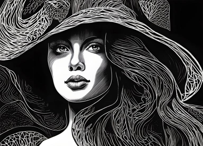 Scratchboard Art,Scratchboard Art, People, woman, monochrome, greyscale, solo, 1girl, hat, witch hat