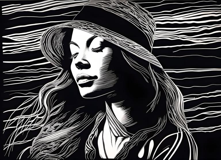 Scratchboard Art,Scratchboard Art, People, woman, monochrome, greyscale, solo, 1girl, long hair, closed eyes