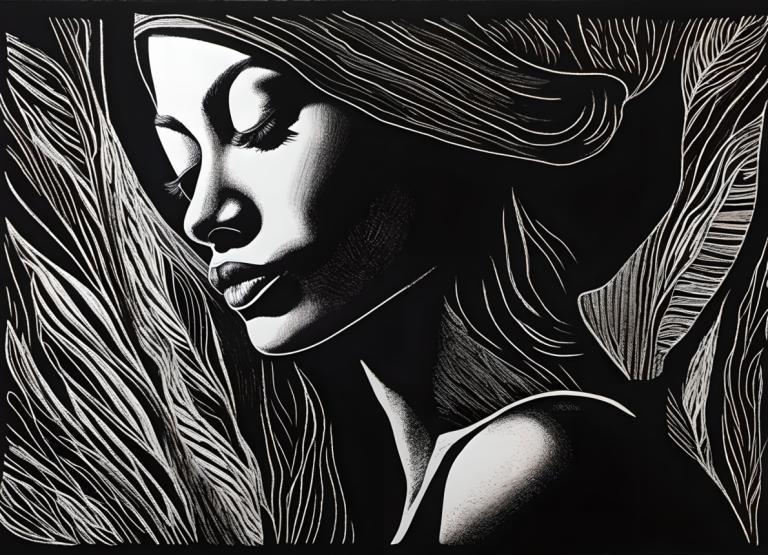 Scratchboard Art,Scratchboard Art, People, woman, 1girl, solo, monochrome, greyscale, lips, closed eyes