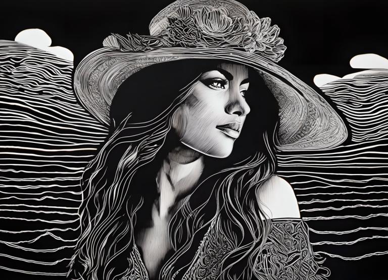 Scratchboard Art,Scratchboard Art, People, woman, 1girl, monochrome, hat, solo, greyscale, long hair, ocean