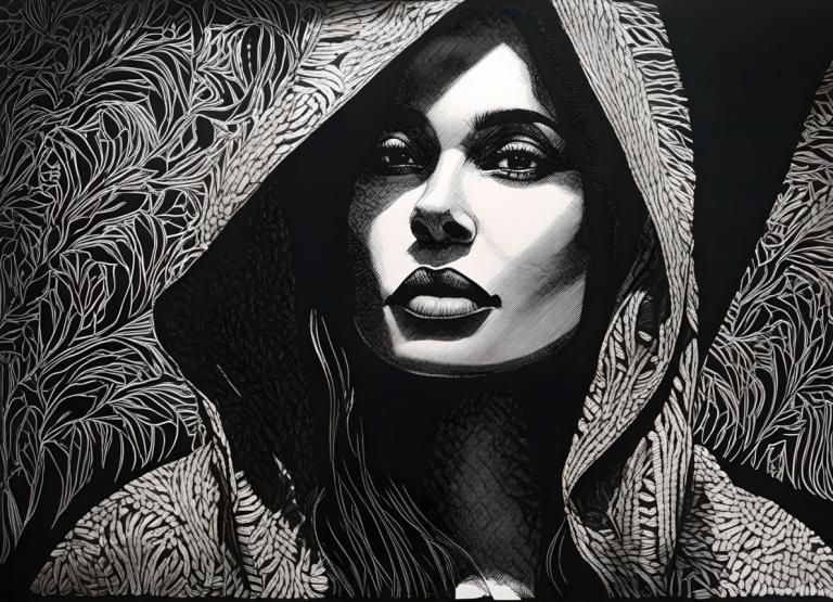 Scratchboard Art,Scratchboard Art, People, woman, monochrome, solo, greyscale, 1girl, hood, long hair