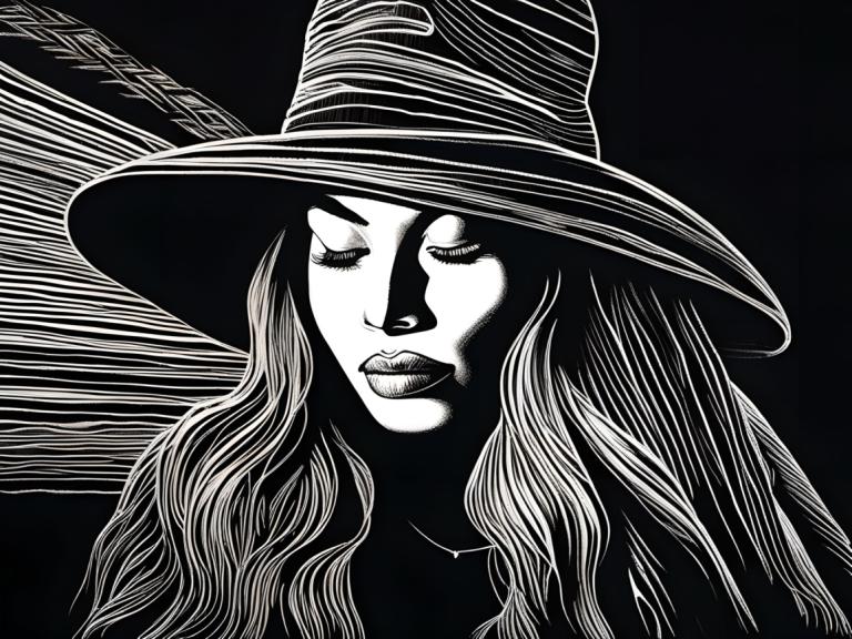 Scratchboard Art,Scratchboard Art, människor, kvinna, 1 tjej, svartvit, solo, gråskala, hatt, långt hår