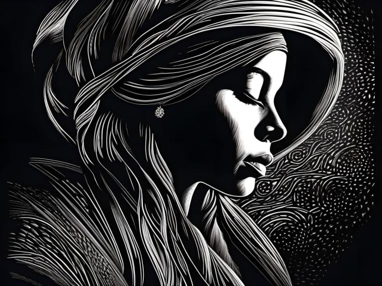 Scratchboard Art,Scratchboard Art, Mennesker, kvinne, monokrom, gråtoner, solo, 1 jente, smykker, øredobber