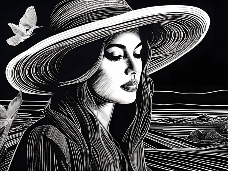 Scratchboard Art,Scratchboard Art, People, woman, 1girl, monochrome, greyscale, hat, solo, bug, butterfly