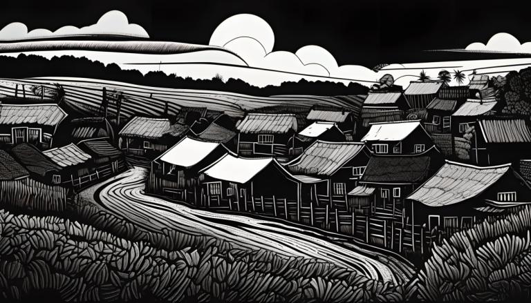 Scratchboard Art,Scratchboard Art, Village, village, monochrome, greyscale, cloud, scenery, grass