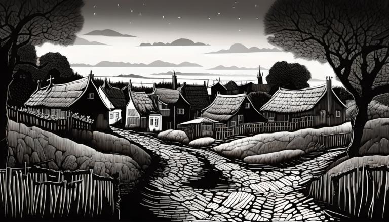 Scratchboard Art,Scratchboard Art, Village, village, no humans, monochrome, greyscale, scenery, tree, sky