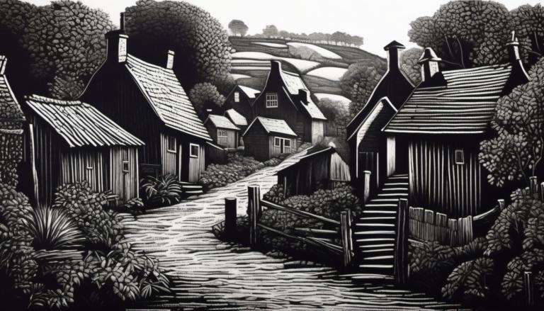 Scratchboard Art,Scratchboard Art, Village, village, monochrome, greyscale, no humans, scenery, tree, stairs