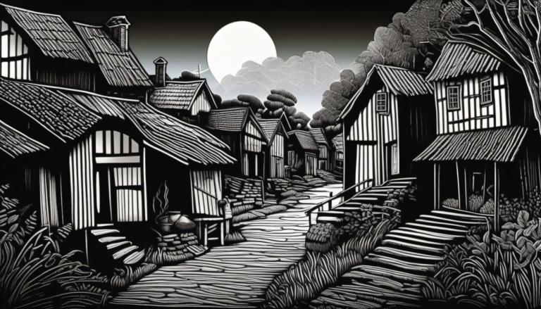 Scratchboard Art,Scratchboard Art, Village, village, monochrome, no humans, tree, greyscale, grass, scenery