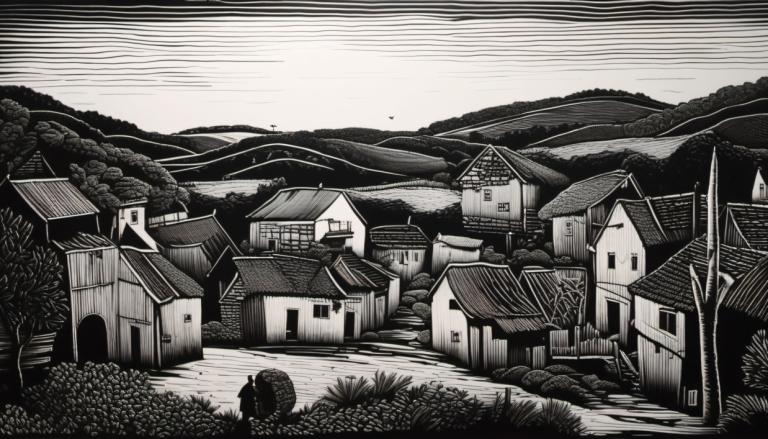 Scratchboard Art,Scratchboard Art, Village, village, monochrome, no humans, greyscale, scenery, tree, house