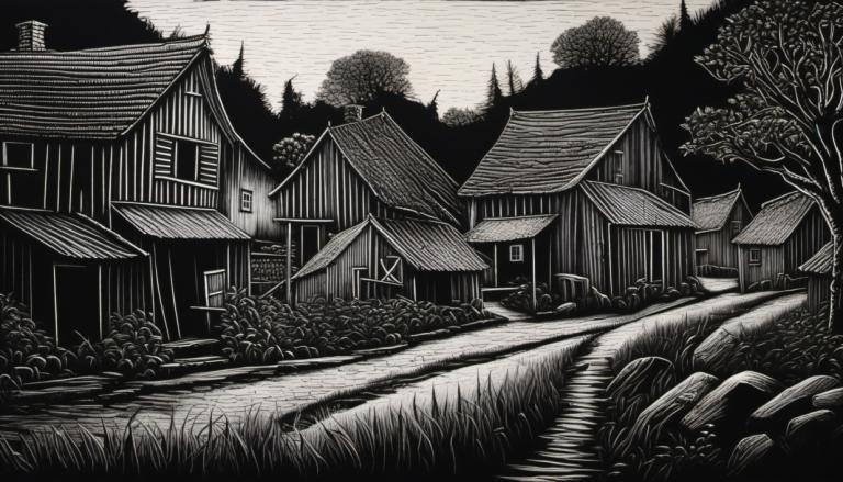 Scratchboard Art,Scratchboard Art, Village, village, no humans, monochrome, tree, scenery, greyscale, grass