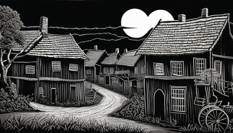 Scratchboard-Kunst,Scratchboard-Kunst, Dorf, Dorf, einfarbig, Graustufen, keine Menschen, Gras, Baum, Haus