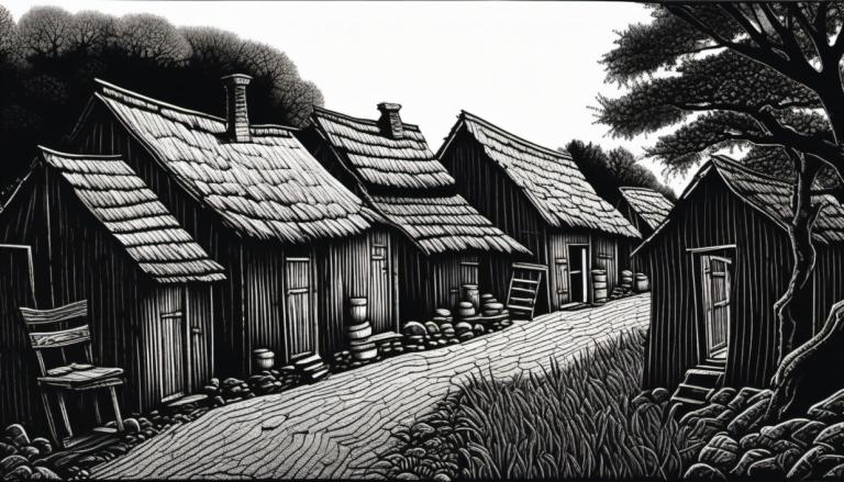 Scratchboard Art,Scratchboard Art, Village, village, monochrome, greyscale, no humans, tree, scenery, grass