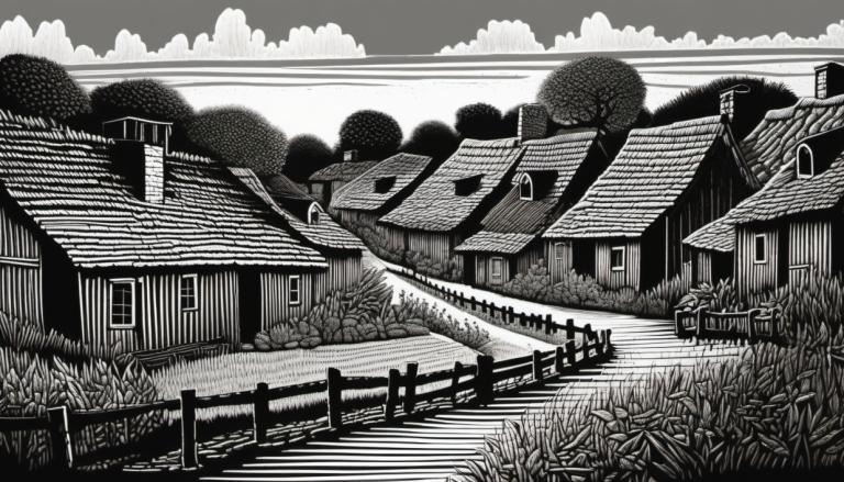 Scratchboard Art,Scratchboard Art, Vesnice, vesnice, černobílý, stupně šedi, tráva, žádní lidé, venku