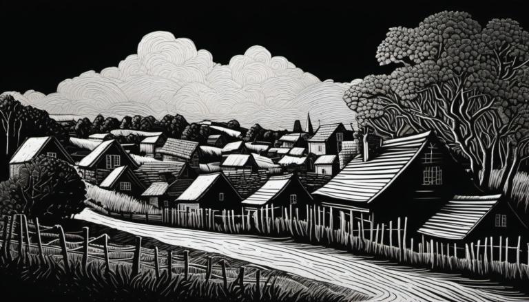 Scratchboard-Kunst,Scratchboard-Kunst, Dorf, Dorf, einfarbig, Graustufen, Baum, keine Menschen, Wolke