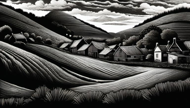 Scratchboard Art,Scratchboard Art, Village, village, monochrome, greyscale, scenery, no humans, grass, house