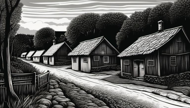 Scratchboard Art,Scratchboard Art, Village, village, no humans, monochrome, greyscale, tree, scenery, house