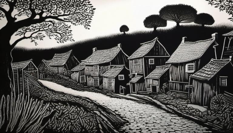 Scratchboard-Kunst,Scratchboard-Kunst, Dorf, Dorf, einfarbig, keine Menschen, Baum, Graustufen, Landschaft