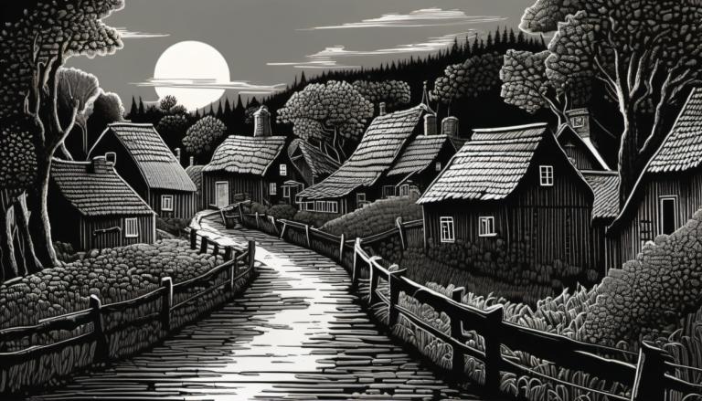 Scratchboard Art,Scratchboard Art, Village, village, monochrome, greyscale, tree, no humans, scenery, moon