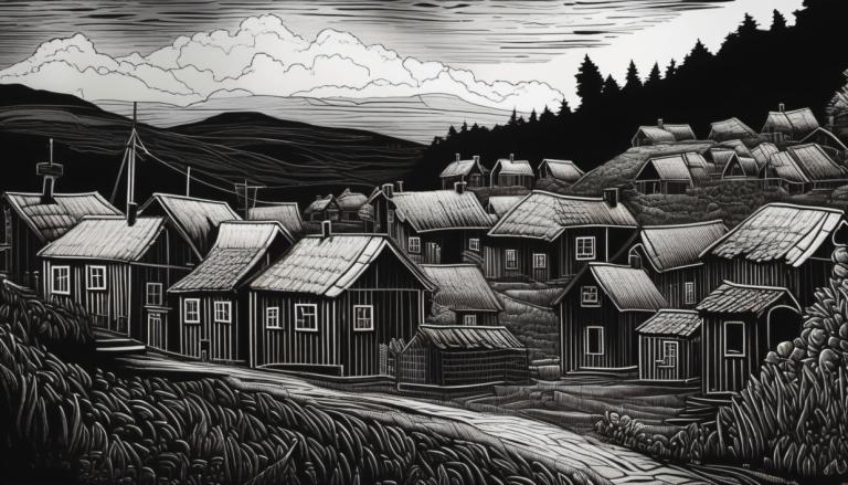 Scratchboard-Kunst,Scratchboard-Kunst, Dorf, Dorf, einfarbig, Graustufen, keine Menschen, Landschaft, Haus