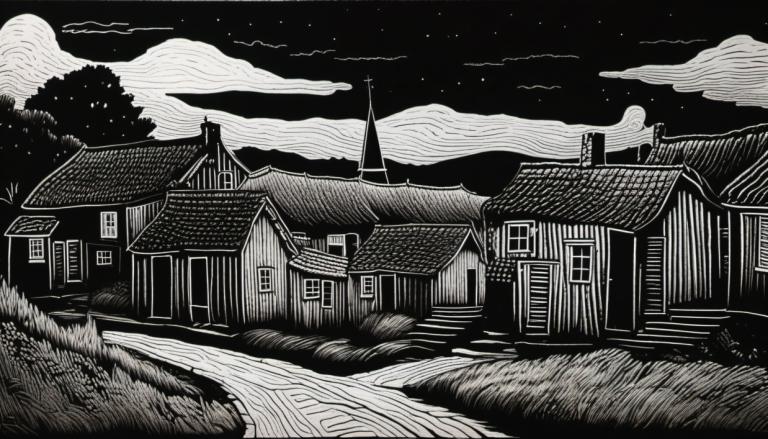 Scratchboard-Kunst,Scratchboard-Kunst, Dorf, Dorf, einfarbig, Graustufen, Landschaft, Himmel, Wolke, Haus