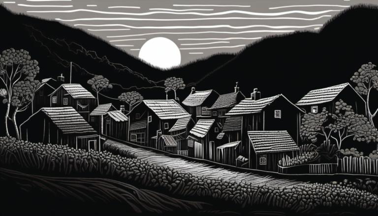 Scratchboard-Kunst,Scratchboard-Kunst, Dorf, Dorf, einfarbig, Baum, Graustufen, Landschaft, keine Menschen