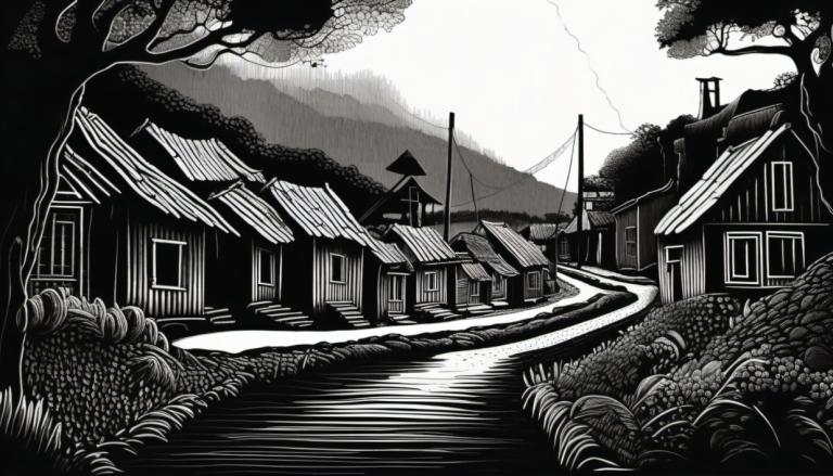 Scratchboard-Kunst,Scratchboard-Kunst, Dorf, Dorf, einfarbig, Graustufen, keine Menschen, Baum, Landschaft