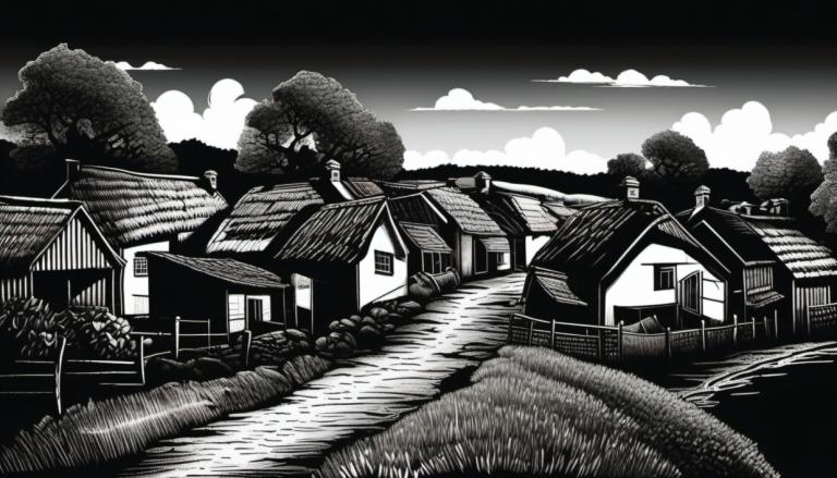 Scratchboard-Kunst,Scratchboard-Kunst, Dorf, Dorf, einfarbig, Graustufen, Baum, Haus, Landschaft