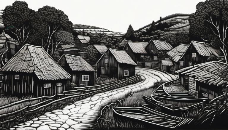 Scratchboard Art,Scratchboard Art, Village, village, monochrome, greyscale, no humans, tree, scenery, house