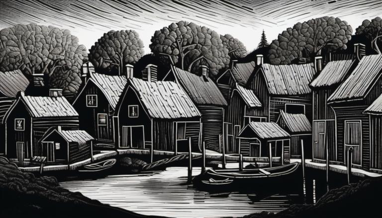 Scratchboard-Kunst,Scratchboard-Kunst, Dorf, Dorf, Graustufen, einfarbig, Baum, keine Menschen, Landschaft