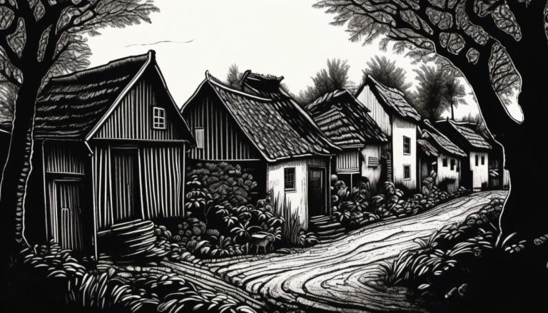 Scratchboard Art,Scratchboard Art, Village, village, monochrome, no humans, greyscale, tree, scenery, grass