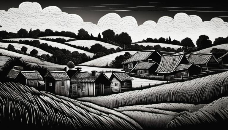 Scratchboard Art,Scratchboard Art, Village, village, monochrome, greyscale, no humans, scenery, cloud, grass