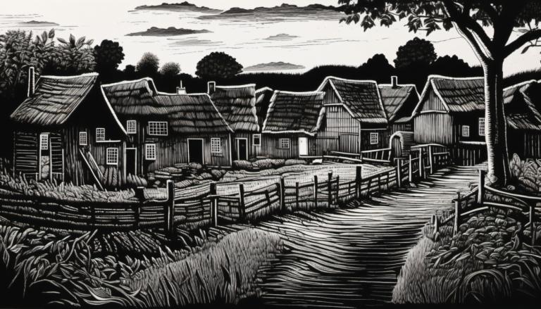 Scratchboard Art,Scratchboard Art, Village, village, monochrome, greyscale, no humans, scenery, tree, grass