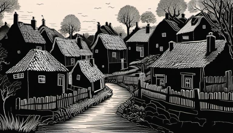 Scratchboard Art,Scratchboard Art, Village, village, monochrome, tree, greyscale, scenery, no humans, house