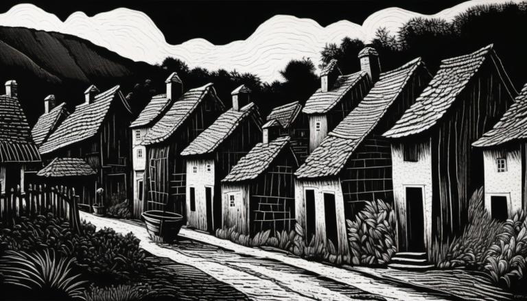 Scratchboard Art,Scratchboard Art, Village, village, no humans, monochrome, greyscale, scenery, grass