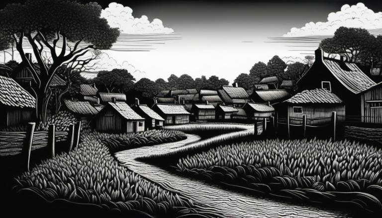 Scratchboard-Kunst,Scratchboard-Kunst, Dorf, Dorf, keine Menschen, einfarbig, Graustufen, Baum, Gras