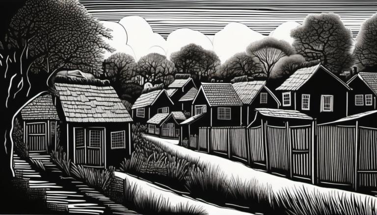 Scratchboard-Kunst,Scratchboard-Kunst, Dorf, Dorf, einfarbig, keine Menschen, Baum, Graustufen, Landschaft