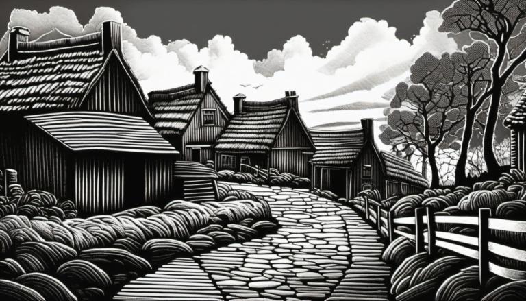 Scratchboard-Kunst,Scratchboard-Kunst, Dorf, Dorf, einfarbig, Graustufen, keine Menschen, Baum, Wolke